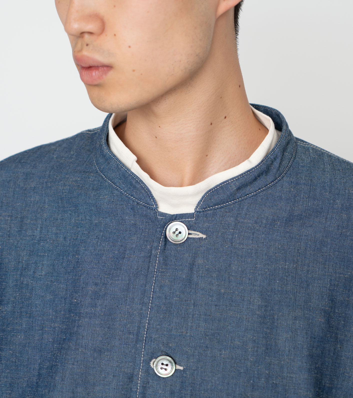 nanamica Chambray Band Collar Jacket | vuzelia.com